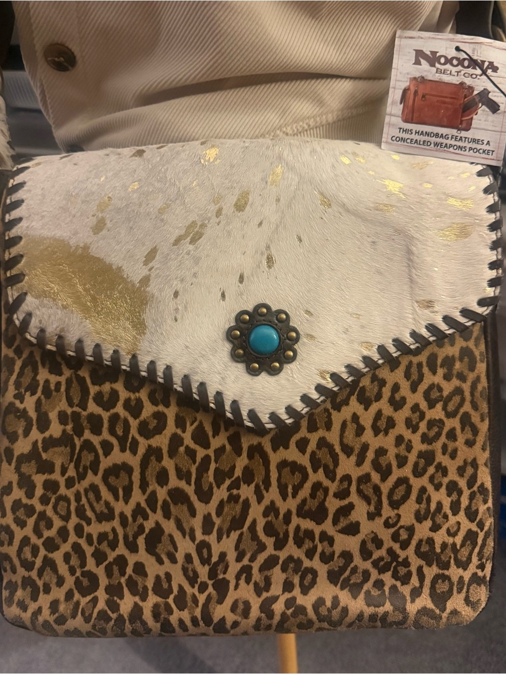 New Nocona Leopard Haircalf Crossbody with White and Turquoise Accents